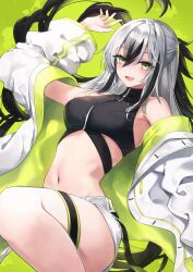 Rule 34 | 1girl, absurdres, black hair, breasts, fate/grand order, fate (series), green eyes, hair between eyes, hane yuki, highres, jacket, long hair, long sleeves, looking at viewer, medium breasts, multicolored hair, nagao kagetora (fate), off shoulder, open clothes, open jacket, open mouth, sidelocks, smile, solo, thighs, two-tone hair, uesugi kenshin (fate), uesugi kenshin (second ascension) (fate), very long hair, white hair