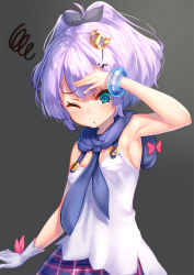 Rule 34 | 1girl, armpits, azur lane, black background, black ribbon, blue eyes, breasts, commentary request, crown, dizzy, gloves, hair ornament, hair ribbon, hairclip, javelin (azur lane), looking at viewer, one eye closed, pensuke, purple hair, ribbon, short hair, single glove, small breasts, solo, white gloves