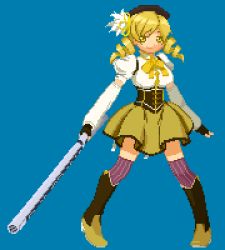 Rule 34 | 10s, 1girl, bad id, bad pixiv id, beret, blonde hair, boots, brown thighhighs, corset, detached sleeves, drill hair, fingerless gloves, full body, gloves, gun, hair ornament, hairpin, hat, knee boots, long hair, lowres, magical girl, magical musket, mahou shoujo madoka magica, mahou shoujo madoka magica (anime), nozeudon, pixel art, pleated skirt, puffy sleeves, ribbon, rifle, shirt, simple background, skirt, solo, striped clothes, striped thighhighs, taut clothes, taut shirt, thighhighs, tomoe mami, twin drills, twintails, vertical-striped clothes, vertical-striped thighhighs, weapon, yellow eyes, zettai ryouiki