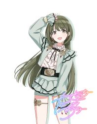Rule 34 | 1girl, :d, artist request, belt, character signature, check artist, earrings, frills, green hair, green jacket, green shorts, hand up, idol, idolmaster, idolmaster shiny colors, jacket, jewelry, layered shirt, layered skirt, legband, long hair, long sleeves, looking at viewer, nail polish, official art, open clothes, open jacket, open mouth, red nails, shorts, skirt, sleeves past wrists, smile, solo, standing, tachi-e, tomari (veryberry00), transparent background, very long hair