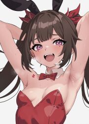 Rule 34 | 1girl, absurdres, alternate costume, animal ears, armpits, arms behind head, bow, bowtie, breasts, brown hair, commentary, covered navel, detached collar, fake animal ears, fake tail, highres, honkai: star rail, honkai (series), leotard, long hair, looking at viewer, neinlol, open mouth, playboy bunny, presenting armpit, purple eyes, rabbit ears, rabbit tail, red bow, red bowtie, red leotard, simple background, small breasts, smile, solo, sparkle (honkai: star rail), sweat, tail, teeth, twintails, upper body, upper teeth only, white background