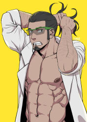 Rule 34 | 1boy, abs, arm hair, artist name, bara, black hair, coat, creatures (company), facial hair, game freak, goatee, hair tie, hair tie in mouth, kukui (pokemon), lab coat, looking at viewer, male focus, mouth hold, nintendo, pectorals, pokemon, pokemon sm, sideburns, signature, suyohara, topless male, tying hair, yellow background