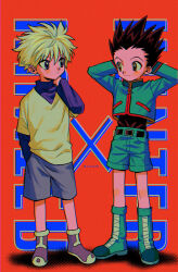 Rule 34 | 2boys, absurdres, arm at side, arms behind head, artist name, black hair, black shirt, blush, boots, brown eyes, child, closed mouth, copyright name, english text, full body, gon freecss, green footwear, green jacket, green shorts, grey shorts, hair behind ear, hand in pocket, highres, hunter x hunter, jacket, killua zoldyck, layered shirt, light smile, long sleeves, looking at another, menma (enaic31), messy hair, multiple boys, purple eyes, purple footwear, purple shirt, red background, retro artstyle, shirt, short hair, shorts, spiked hair, standing, turtleneck, white hair, white shirt
