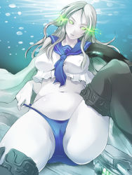 Rule 34 | 10s, 1girl, abyssal ship, adjusting clothes, adjusting panties, black thighhighs, blue panties, breasts, colored skin, crop top, crop top overhang, glowing, glowing eyes, green eyes, kantai collection, large breasts, long hair, maki (seventh heaven maxion), midriff, navel, pale skin, panties, panty lift, panty pull, pantyshot, parted lips, silver hair, smile, solo, ta-class battleship, thighhighs, underwater, underwear, white skin