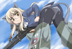 Rule 34 | 1girl, animal ears, ass, bent over, blonde hair, bren lmg, cat ears, cat tail, glasses, gun, light machine gun, long hair, looking back, open mouth, panties, panties under pantyhose, pantyhose, perrine h. clostermann, sky, solo, strike witches, striker unit, tail, thighs, underwear, uniform, wan&#039;yan aguda, weapon, world witches series, yellow eyes