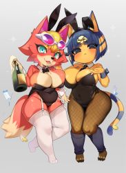 Rule 34 | 2girls, absurdres, animal crossing, animal ears, ankha (animal crossing), audie (animal crossing), bare shoulders, black eyes, blue hair, bottle, breasts, cleavage, detached collar, eyewear on head, fishnet legwear, fishnets, fox ears, full body, furry, furry female, green eyes, grey background, highres, holding, holding bottle, jovejun, large breasts, leotard, looking at viewer, multiple girls, nintendo, pantyhose, playboy bunny, short hair, simple background, standing, sunglasses, tail, thick thighs, thighhighs, thighs, white legwear