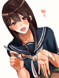 Rule 34 | 1girl, :d, akagi (kancolle), alternate costume, black serafuku, brown eyes, brown hair, curry, dutch angle, female focus, food, heart, highres, holding, holding spoon, incoming food, inusaka, kantai collection, long hair, neckerchief, open mouth, sailor collar, school uniform, serafuku, simple background, sitting, smile, solo, spoon, upper body, white background, white neckerchief