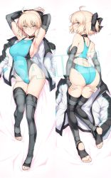 Rule 34 | 1girl, ahoge, aqua one-piece swimsuit, armpits, arms up, ass, bare shoulders, bed sheet, black thighhighs, blush, bow, breasts, choker, collarbone, competition swimsuit, dakimakura (medium), deep skin, fate/grand order, fate (series), feet, grey eyes, groin, hair bow, halcon, highleg, highleg swimsuit, highres, jacket, large breasts, long sleeves, looking at viewer, lying, multiple views, okita souji (fate), okita souji (koha-ace), on back, on stomach, one-piece swimsuit, open mouth, pink hair, sample watermark, short hair, short ponytail, sideboob, smile, stirrup legwear, swimsuit, thighhighs, toeless legwear, unworn jacket, watermark