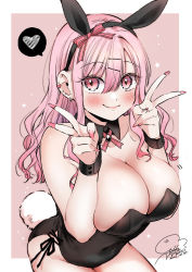 Rule 34 | 1girl, absurdres, animal ears, black leotard, blush, border, breasts squeezed together, breasts, cleavage, closed mouth, covered navel, dated, detached collar, double v, earrings, fake animal ears, fake tail, fang, fang out, fingernails, gal gamer ni homeraretai, geshumaro, gyarugema ni home raretai, hair ornament, hair ribbon, hairclip, hands up, heart, heart earrings, highres, jewelry, large breasts, leotard, long hair, looking at viewer, making-of available, neck ribbon, outside border, pink eyes, pink hair, playboy bunny, rabbit ears, rabbit tail, red ribbon, ribbon, side-tie leotard, signature, skin fang, smile, solo, spoken heart, strapless, strapless leotard, suzuki rion, tail, v, white border, wing collar, wrist cuffs