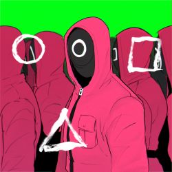 Rule 34 | 6+others, black mask, breast pocket, circle, facing viewer, gj gwaeji, green background, highres, hood, hood up, jacket, mask, multiple others, pink jacket, pocket, soldier (squid game), square, squid game, triangle