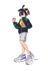 Rule 34 | 1boy, black hair, commentary request, creatures (company), full body, game freak, grey shorts, hair between eyes, hairband, highres, holding, holding poke ball, jacket, kanchan kani, kieran (pokemon), large shoes, male focus, nintendo, poke ball, poke ball (basic), pokemon, pokemon sv, shoes, short hair, shorts, simple background, sneakers, solo, standing, white background, yellow bag, yellow eyes, yellow hairband, zipper pull tab