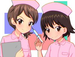 Rule 34 | 2girls, blush, breasts, brown eyes, brown hair, closed mouth, girls und panzer, gogopaint, hat, highres, isobe noriko, kawanishi shinobu, looking at viewer, multicolored background, multiple girls, nurse, nurse cap, short hair, simple background, small breasts, smile, syringe, upper body