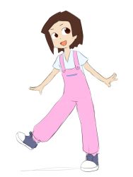 Rule 34 | 1girl, amazake arika, brown eyes, brown hair, full body, highres, maximumpingas, medarot, open mouth, overalls, pink overalls, short hair, simple background, smile, solo, standing, standing on one leg, white background