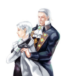 Rule 34 | 1boy, 1girl, ace attorney, ace attorney investigations, age difference, ascot, black gloves, bow, bowtie, capcom, earrings, father and daughter, fingernails, formal, franziska von karma, gloves, jacket, jewelry, lips, lipstick, magatsumagic, makeup, manfred von karma, short hair, silver hair, simple background, suit, white background