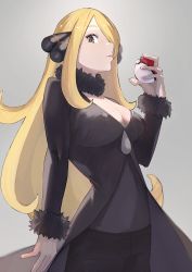 Rule 34 | 1girl, absurdres, black coat, black pants, black shirt, blonde hair, breasts, cleavage, coat, cowboy shot, creatures (company), cynthia (pokemon), from side, fur collar, fur trim, game freak, grey eyes, hair ornament, hair over one eye, highres, holding, holding poke ball, large breasts, lips, long hair, looking at viewer, looking to the side, matsukan (dug pile), nintendo, pants, parted lips, poke ball, poke ball (basic), pokemon, pokemon dppt, shirt, solo, very long hair