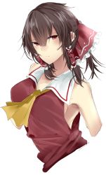 Rule 34 | 1girl, :/, armpits, ascot, bare shoulders, blush, bow, brown hair, cropped arms, cropped torso, hair bow, hair tubes, hakurei reimu, highres, looking at viewer, onineko-chan, red bow, red eyes, sleeveless, solo, touhou, upper body, white background