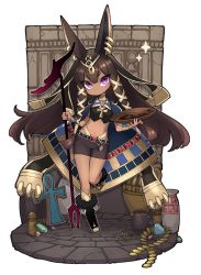 Rule 34 | 1girl, animal ears, ankh, anubis (westxost), bad id, bad twitter id, bike shorts, brown hair, closed mouth, dark-skinned female, dark skin, earrings, egyptian, full body, hair tubes, holding, jackal ears, jewelry, long hair, looking at viewer, midriff, navel, original, polearm, pot, purple eyes, samei ikusa, solo, spear, standing, standing on one leg, thick eyebrows, thigh gap, weapon, white background