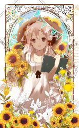Rule 34 | 1girl, :d, animal ears, bare shoulders, book, cat ears, cat girl, cat tail, commentary request, dress, flower, grey eyes, hat, highres, holding, holding book, light brown hair, long hair, open book, open mouth, original, round teeth, sleeveless, sleeveless dress, smile, solo, straw hat, sunflower, tail, tail raised, teeth, upper teeth only, very long hair, white dress, yellow flower, yuzuyomogi