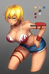 Rule 34 | 10s, 1girl, adjusting clothes, ahoge, armpits, bare shoulders, bikini, bikini top only, blonde hair, blush, breasts, cleavage, closed mouth, collar, collarbone, cropped legs, dark skin, dark-skinned female, grey background, groin, holster, large breasts, leaning forward, looking at viewer, minami koyogi, mito ikumi, navel, shokugeki no souma, short hair, short shorts, shorts, solo, stomach, swimsuit, thigh holster