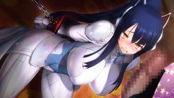 Rule 34 | 1girl, arms behind back, blue hair, blush, bodysuit, bondage, bound, breasts, censored, chain, clenched teeth, embarrassed, erection, full-face blush, game cg, gijou mitsumi, headgear, huge breasts, impossible clothes, legs, long hair, looking at viewer, mosaic censoring, nitroplus, oosaki shin&#039;ya, penis, ponytail, restrained, shoulder pads, sitting, solo focus, sweatdrop, teeth, thighs, tokyo necro, yellow eyes