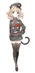 Rule 34 | 10s, 1girl, animal ears, bad id, bad pixiv id, black thighhighs, blade &amp; soul, blonde hair, blue eyes, boots, cat ears, cat tail, cross-laced footwear, full body, gloves, hat, highres, lace-up boots, looking at viewer, lyn (blade &amp; soul), military, military uniform, peaked cap, pencil skirt, short hair, simple background, skirt, solo, tail, tama (tamatamo), thighhighs, uniform, white background