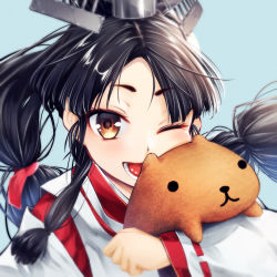 Rule 34 | 1girl, black hair, blue background, brown eyes, clenched hand, cluseller, female focus, hair ribbon, hand up, happy, headgear, holding, japanese clothes, kantai collection, kariginu, long hair, long sleeves, looking at viewer, nisshin (kancolle), one eye closed, open mouth, parted bangs, ponytail, red ribbon, ribbon, ribbon-trimmed sleeves, ribbon trim, sidelocks, simple background, smile, solo, stuffed animal, stuffed toy, teeth, tongue, upper body, wink