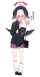 Rule 34 | &lt;|&gt; &lt;|&gt;, 1girl, beret, black hat, black wings, blue archive, blush, feathered wings, full body, halo, hat, head wings, highres, koharu (blue archive), loafers, loose socks, low wings, miniskirt, mofujiro, neckerchief, pink hair, pink neckerchief, sailor collar, shoes, simple background, skirt, sleeves past wrists, socks, solo, standing, sweatdrop, twintails, white background, white sailor collar, wings