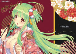 Rule 34 | 1girl, :o, ahoge, animal, animal on shoulder, bird, bird on shoulder, breasts, cherry print, city forest online, cleavage, flower, flower knight girl, food print, green hair, holding, japanese clothes, kimono, large breasts, long hair, looking at viewer, pink kimono, print kimono, red eyes, sakuranbo (flower knight girl), solo, two side up, upper body