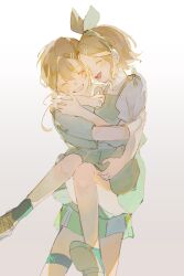 Rule 34 | 1boy, 1girl, arm around neck, blonde hair, bow, closed eyes, commentary, dress, hair bow, hair ornament, hairband, hairpin, happy, highres, holding, hug, kagamine len, kagamine rin, low ponytail, open mouth, short hair, shorts, standing, vocaloid, white background, xuanchye246