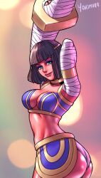 1girl alternate_costume anakaris anakaris_(cosplay) aqua_eyes arm_wrap armlet arms_behind_back ass black_hair blunt_bangs blurry blurry_background bob_cut breasts cowboy_shot dark-skinned_female dark_skin darkstalkers eyeshadow gradient_background jewelry looking_at_viewer makeup medium_breasts medium_hair menat official_alternate_costume open_mouth smile solo street_fighter street_fighter_v thick_thighs thighs twisted_torso yokimura