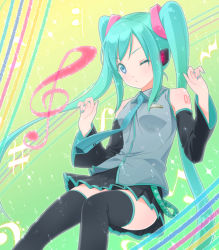 Rule 34 | 1girl, ama mitsuki, aqua hair, arms up, bad id, bad pixiv id, blue eyes, detached sleeves, female focus, hatsune miku, highres, long hair, musical note, necktie, skirt, solo, thighhighs, twintails, very long hair, vocaloid, wink