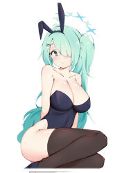 Rule 34 | 1girl, absurdres, alternate costume, animal ears, black thighhighs, blue archive, breasts, cleavage, green hair, grey eyes, hair ornament, hair over one eye, hairclip, halo, highres, hiyori (blue archive), komasi, large breasts, leotard, long hair, playboy bunny, rabbit ears, side ponytail, solo, thighhighs