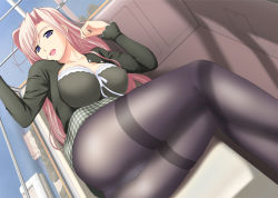 Rule 34 | 1girl, ass, breasts, charlotte hazellink, clothes lift, crotch seam, ferris wheel, ferris wheel interior, highres, large breasts, legs, legs together, long hair, lying, on side, open mouth, panties, panties under pantyhose, pantyhose, pink hair, princess lover, purple eyes, satou chagashi, skirt, skirt lift, solo, thighband pantyhose, underwear, upskirt
