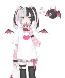 Rule 34 | 1girl, absurdres, angel wings, bat (animal), bat wings, black hair, blood, blood bag, bracelet, crierga, drink, drinking blood, drinking straw, fingerless gloves, garter straps, gloves, halo, heart, highres, indie virtual youtuber, jewelry, looking to the side, multicolored hair, nail polish, pale skin, pink eyes, pink hair, shiara, shirt, solo, split-color hair, striped clothes, striped gloves, thighhighs, twintails, vampire, virtual youtuber, white hair, white shirt, wings