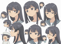Rule 34 | 1girl, :d, :|, black hair, brown eyes, closed mouth, commentary request, cropped head, crying, expressionless, expressions, from side, grey sailor collar, hanashiro anzu, hat, long hair, looking at viewer, looking to the side, multiple views, natsu e no tunnel sayonara no deguchi, open mouth, profile, sailor collar, school uniform, shirt, sidelocks, simple background, slit pupils, smile, straight hair, sweatdrop, tsubobot, v-shaped eyebrows, white background, white headwear, white shirt, wide oval eyes
