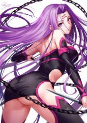 Rule 34 | 1girl, artist name, ass, back, bare shoulders, black dress, black thighhighs, breasts, chain, commentary request, dagger, detached sleeves, dress, facial mark, fate/stay night, fate (series), forehead mark, highres, knife, large breasts, long hair, looking at viewer, looking back, medusa (fate), medusa (rider) (fate), medusa (rider) (third ascension) (fate), purple eyes, purple hair, sakiyamama, short dress, signature, solo, strapless, strapless dress, thighhighs, thighs, very long hair, weapon