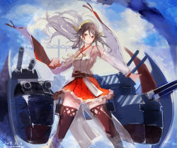 Rule 34 | 1girl, black hair, boots, brown eyes, brown footwear, clenched hand, cowboy shot, dazzle paint, detached sleeves, hair ornament, hairclip, haruna (kancolle), headgear, highres, kantai collection, long hair, looking at viewer, nagasawa tougo, nontraditional miko, red skirt, sarashi, skirt, solo, thigh boots, thighhighs, wide sleeves