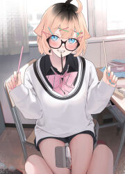 Rule 34 | 1girl, absurdres, ahoge, between legs, blonde hair, blue eyes, blue nails, bow, bowtie, classroom, collared shirt, desk, food, glasses, hair ornament, hairclip, heart, heart hair ornament, highres, indoors, leg between thighs, long sleeves, mouth hold, multicolored nails, original, pink bow, pink bowtie, pink nails, pocky, pov, rerrere, round eyewear, school desk, shirt, short hair, sitting, sleeves past wrists, solo focus, striped bow, striped bowtie, striped clothes, teeth hold