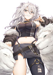 Rule 34 | 1girl, animal ears, black nails, black pantyhose, black shirt, black skirt, breasts, cleavage, crop top, grey eyes, grey hair, grin, hair between eyes, highres, hololive, large breasts, lion, lion ears, lion girl, lion tail, long hair, long sleeves, midriff, nail polish, pantyhose, see-through, see-through cleavage, shirt, shishiro botan, shishiro botan (1st costume), simple background, single leg pantyhose, skirt, sleeveless, sleeveless shirt, smile, solo, tail, torn clothes, torn pantyhose, virtual youtuber, white background, yougenko