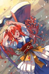Rule 34 | 1girl, a-xii, blue dress, closed eyes, closed mouth, coin, commentary request, dress, hair bobbles, hair ornament, highres, long hair, lying, obi, on back, onozuka komachi, sash, scythe, short sleeves, sleeping, smile, solo, tombstone, touhou, two side up