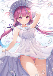 Rule 34 | 1girl, absurdres, ahoge, arm up, armpits, bare arms, bare shoulders, blue nails, braid, breasts, bubble, clothes lift, colored inner hair, crotch seam, dress, dress lift, hair ribbon, hand on headwear, hat, highres, hokori sakuni, hololive, long hair, looking at viewer, medium breasts, minato aqua, multicolored hair, nail polish, panties, pantyshot, pink panties, purple eyes, purple hair, ribbon, sailor collar, side-tie panties, sleeveless, sleeveless dress, smile, solo, streaked hair, sun hat, thighs, twintails, two-tone hair, underwear, very long hair, virtual youtuber, white dress