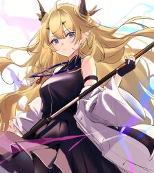 Rule 34 | 1girl, arknights, bare shoulders, black gloves, black pantyhose, black shirt, black skirt, blonde hair, blue eyes, breasts, closed mouth, commentary request, fingerless gloves, gloves, hair between eyes, highres, holding, horns, jacket, lanyard, leizi (arknights), long hair, long sleeves, looking at viewer, medium breasts, off shoulder, open clothes, open jacket, pantyhose, pleated skirt, pointy ears, raramente, shirt, skirt, sleeveless, sleeveless shirt, solo, very long hair, white jacket, wide sleeves