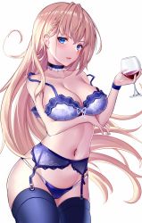 Rule 34 | 1girl, absurdres, ahoge, arm under breasts, asymmetrical hair, blonde hair, blue choker, blue eyes, blue panties, blue thighhighs, blush, bra, braid, breast hold, breasts, cameltoe, choker, cleavage, collar, collarbone, commentary, cowboy shot, cup, drinking glass, e-bbh, floral print, french braid, frilled collar, frills, garter belt, garter straps, hair between eyes, highres, holding, holding cup, large breasts, lips, long hair, looking at viewer, navel, original, panties, parted lips, red wine, rose print, simple background, single braid, smile, solo, standing, stomach, strap slip, thighhighs, underwear, underwear only, white background, white bra, wine glass, wristband