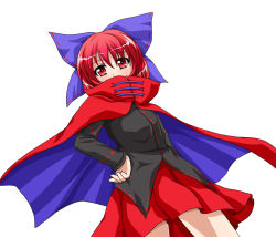 Rule 34 | 1girl, bow, cape, covered mouth, hair bow, hand on own hip, highres, red eyes, red hair, sekibanki, shirt, short hair, simple background, skirt, solo, ten&#039;yoku, touhou, white background