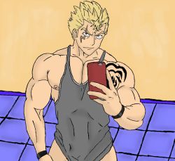 Rule 34 | 1boy, blonde hair, bottomless, camera, fairy tail, laxus dreyar, looking at viewer, male focus, phone, solo, tattoo