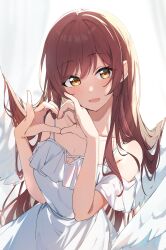 Rule 34 | 1girl, angel wings, bare shoulders, blush, breasts, cleavage, collarbone, dress, feathered wings, frilled dress, frills, hands up, heart, heart hands, highres, idolmaster, idolmaster shiny colors, long hair, looking at viewer, medium breasts, open mouth, osaki amana, red hair, reikakrzk, smile, solo, swept bangs, white dress, white wings, wings, yellow eyes