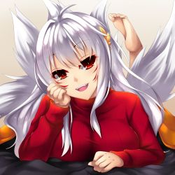 Rule 34 | 1girl, ara haan, ara han, barefoot, elsword, facial mark, feet, fi-san, fox tail, hand on own cheek, hand on own face, highres, long hair, multiple tails, red eyes, ribbed sweater, soles, solo, sweater, tail, toes, turtleneck, white hair