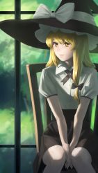 Rule 34 | 1girl, amino (tn7135), black hat, black skirt, blonde hair, blurry, bow, buttons, chair, collared shirt, depth of field, hair ribbon, hat, hat bow, high-waist skirt, kirisame marisa, looking to the side, own hands together, pink lips, puffy short sleeves, puffy sleeves, ribbon, shirt, short sleeves, sitting, skirt, smile, solo, touhou, tress ribbon, v arms, white bow, white shirt, window, wing collar, witch hat, yellow eyes
