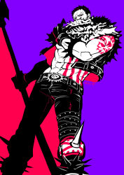 Rule 34 | 1boy, abs, bara, bare shoulders, bracelet, bulge, charlotte katakuri, climaxmukr, cropped jacket, dutch angle, feet out of frame, holding, holding lance, holding polearm, holding weapon, jacket, jewelry, lance, male focus, multiple monochrome, muscular, muscular male, navel, one piece, open clothes, open jacket, pectorals, polearm, scarf, scarf over mouth, short hair, solo, spiked bracelet, spikes, stomach, weapon