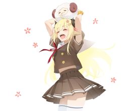 Rule 34 | 1girl, ahoge, alternate costume, animal, animal ears, animal on head, arms up, blonde hair, blush, breasts, brown serafuku, brown shirt, brown skirt, buttons, closed eyes, commentary, double-breasted, hair ornament, hairclip, highres, hololive, horns, long hair, medium breasts, miniskirt, neck ribbon, on head, open mouth, ping (0723), pleated skirt, red ribbon, ribbon, sailor collar, school uniform, scrunchie, see-through, see-through sleeves, serafuku, sheep ears, sheep girl, sheep horns, shirt, skirt, solo, thighhighs, tsunomaki watame, virtual youtuber, watamate, white sailor collar, white thighhighs, wrist scrunchie, yellow scrunchie, zettai ryouiki